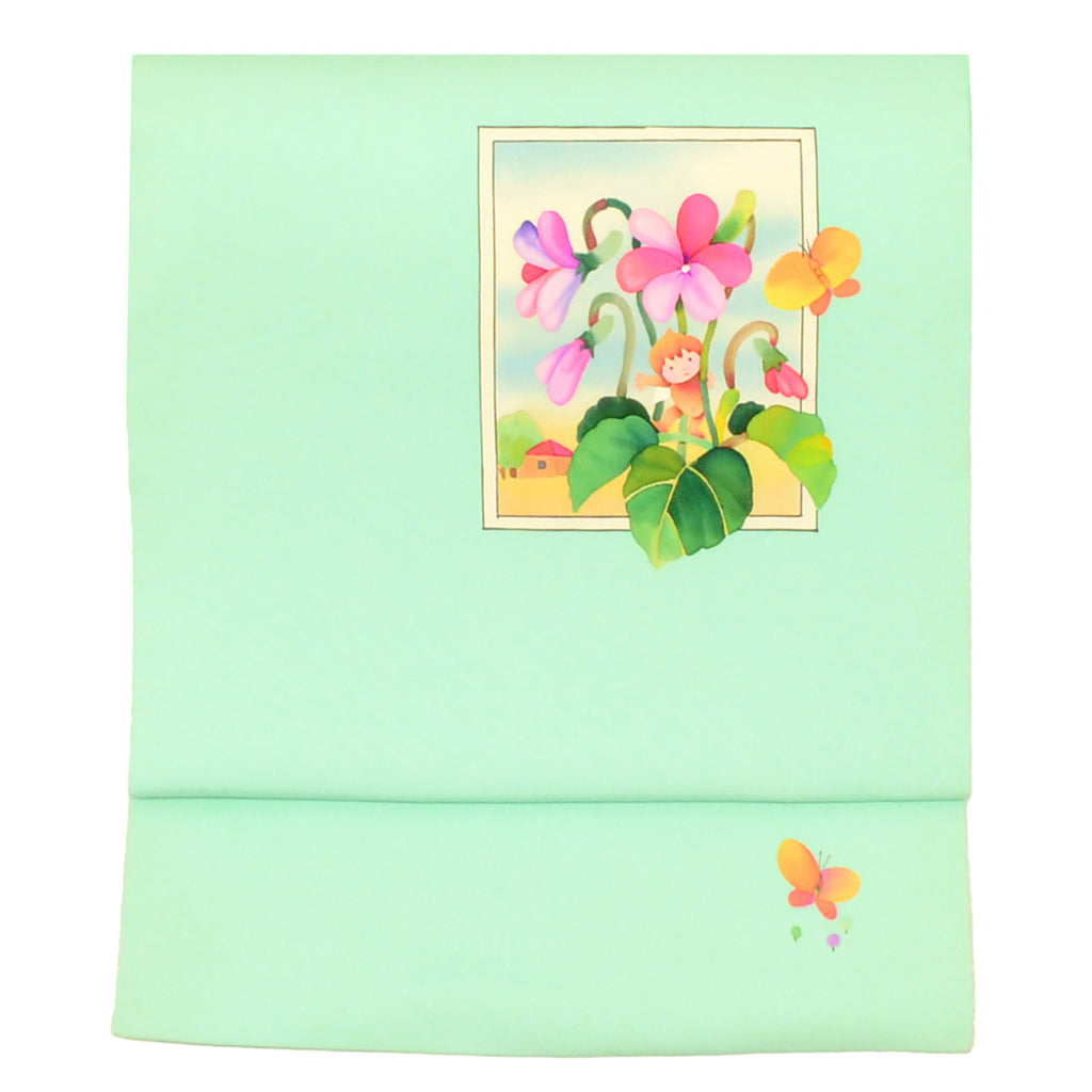 Vintage Japanese Obi | Nagoya Obi | Green Silk Habutae | Fairy Floral | Dye-painted | Casual | Sustainable | uu1702b