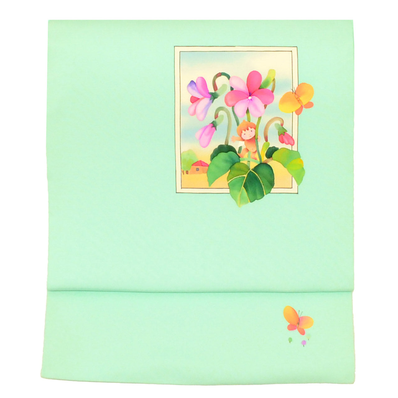 Vintage Japanese Obi | Nagoya Obi | Green Silk Habutae | Fairy Floral | Dye-painted | Casual | Sustainable | uu1702b
