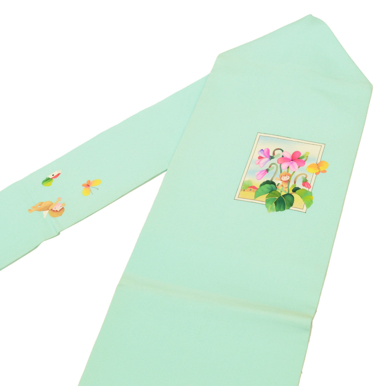 Vintage Japanese Obi | Nagoya Obi | Green Silk Habutae | Fairy Floral | Dye-painted | Casual | Sustainable | uu1702b
