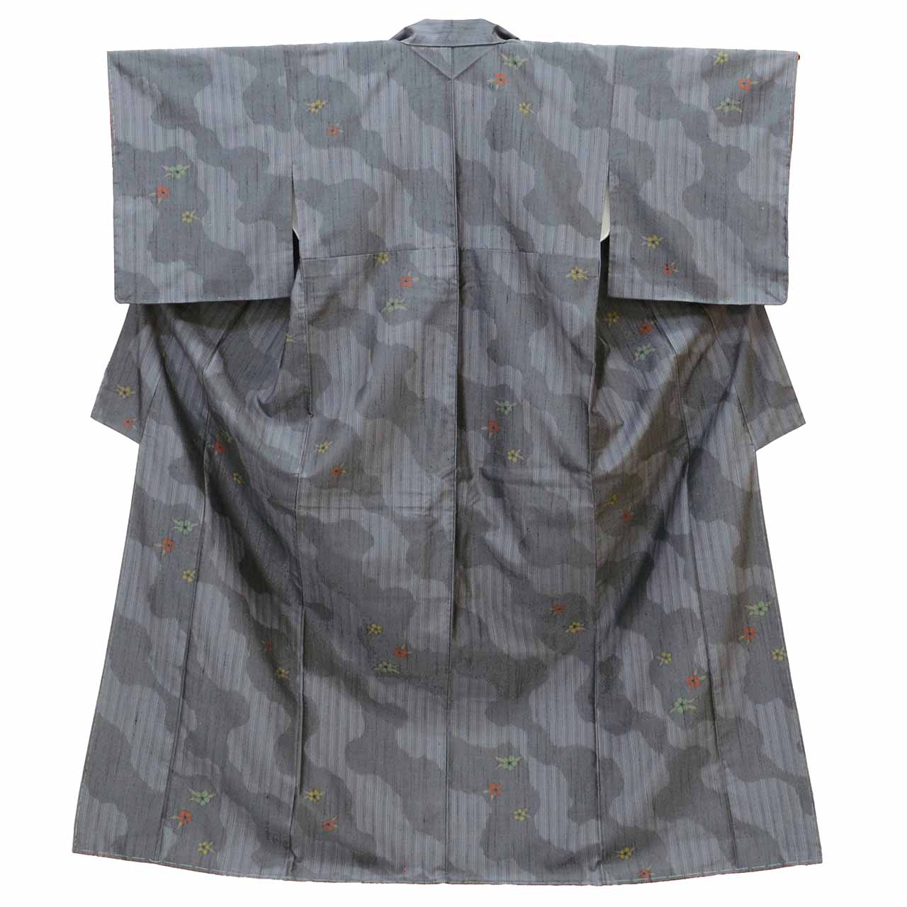 Vintage Japanese Kimono | Tsumugi | Gray Silk | Domyoji-dori Floral | Echigo Mingei Kasuri | Unused | Size L | Sustainable | uu1706b