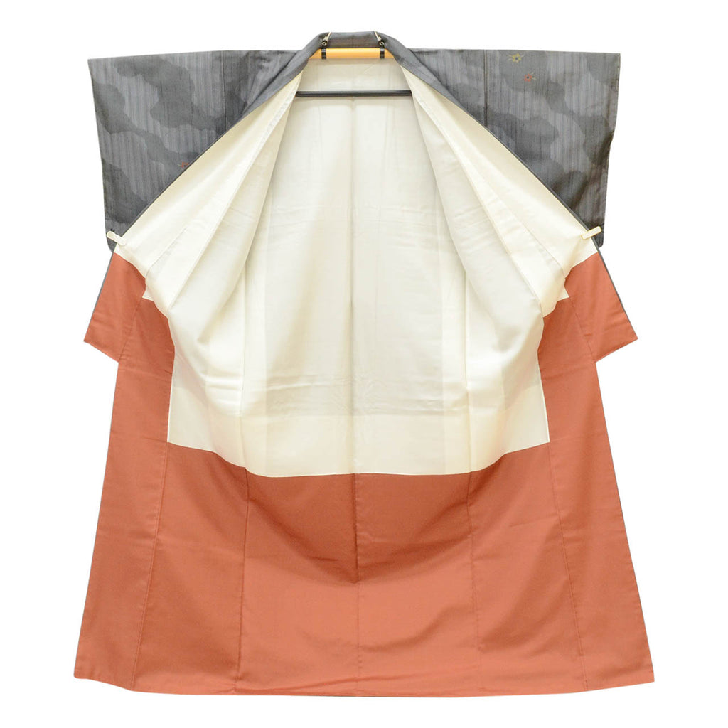 Vintage Japanese Kimono | Tsumugi | Gray Silk | Domyoji-dori Floral | Echigo Mingei Kasuri | Unused | Size L | Sustainable | uu1706b