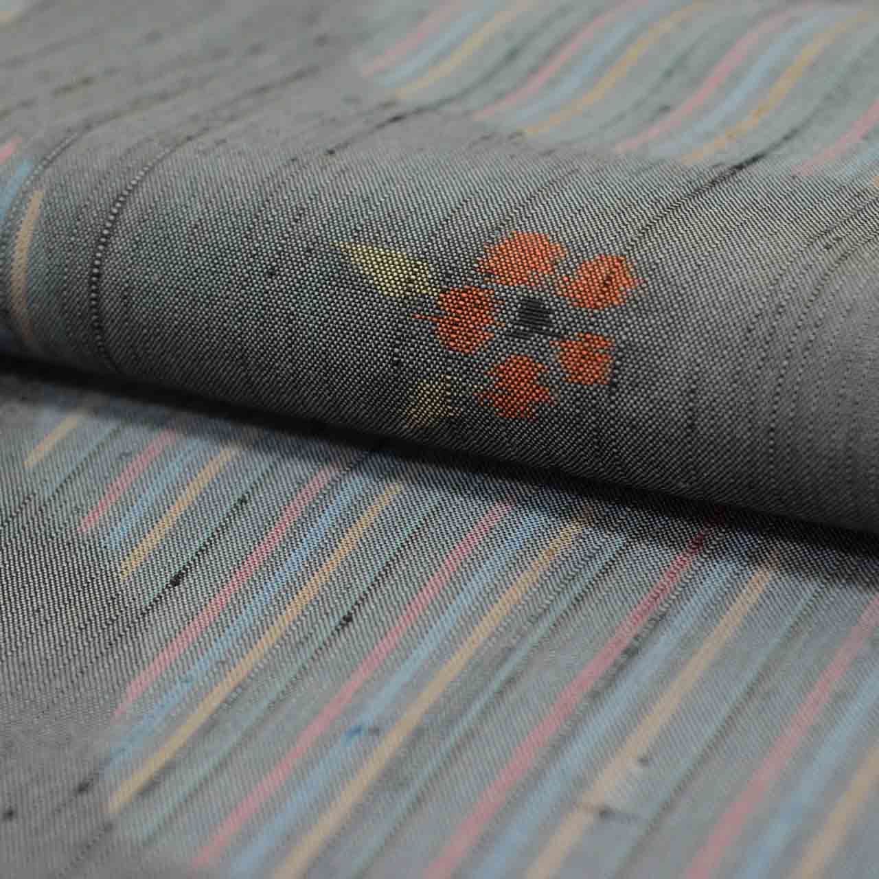 Vintage Japanese Kimono | Tsumugi | Gray Silk | Domyoji-dori Floral | Echigo Mingei Kasuri | Unused | Size L | Sustainable | uu1706b