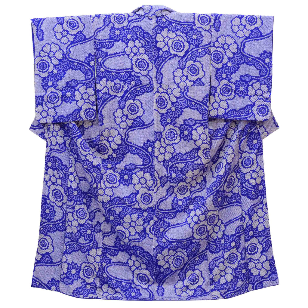 [Used] Recycled Kimono, Komon style, Pure Silk, Size L (Slightly Plus Size L), Good Condition, Length 162.5cm (64.0in), Sleeve Length 65.0cm (25.6in), Lined, Ready-made, Shibori (tie-dye) pattern, Purple, Floral design, uu1715b 