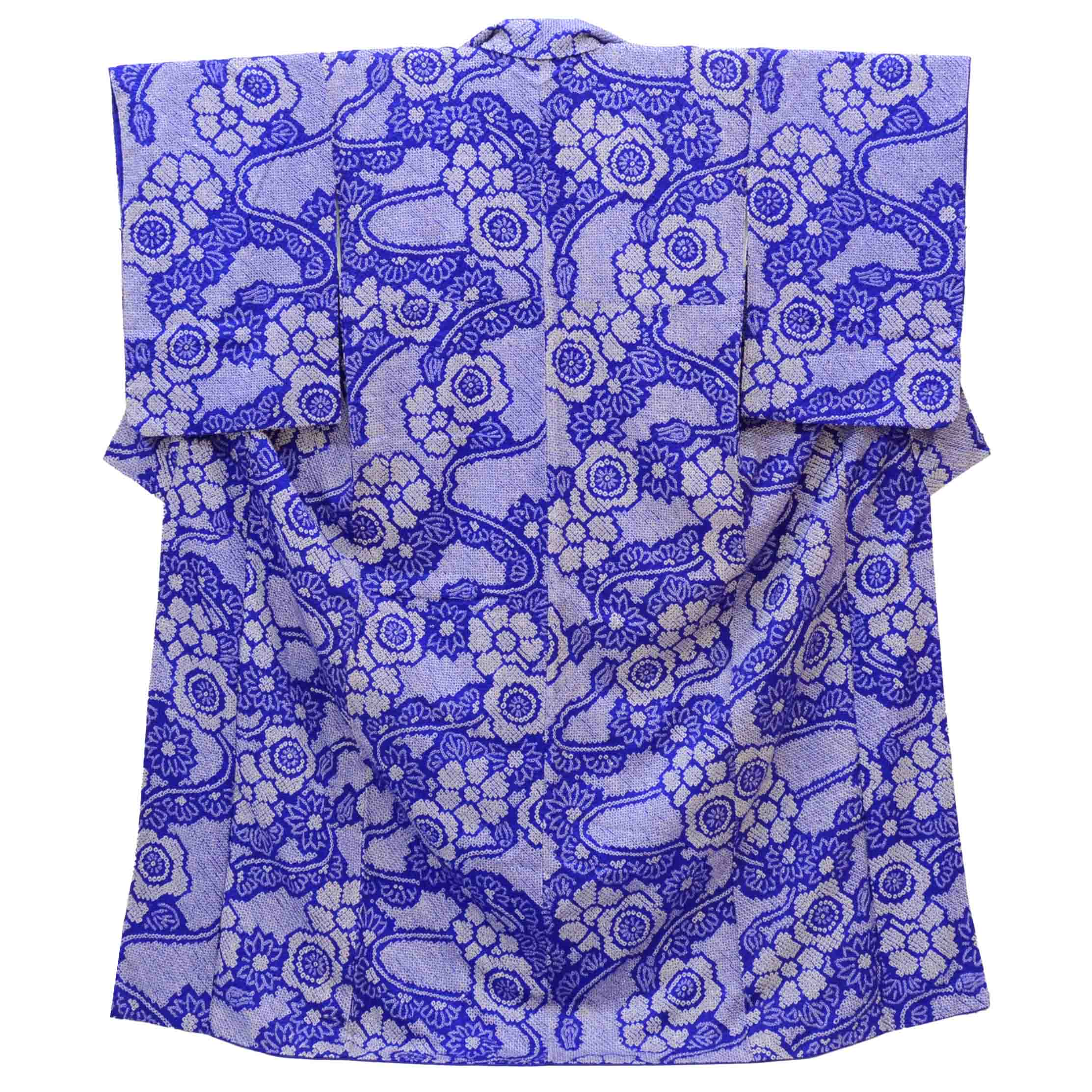 [Used] Recycled Kimono, Komon style, Pure Silk, Size L (Slightly Plus Size L), Good Condition, Length 162.5cm (64.0in), Sleeve Length 65.0cm (25.6in), Lined, Ready-made, Shibori (tie-dye) pattern, Purple, Floral design, uu1715b 