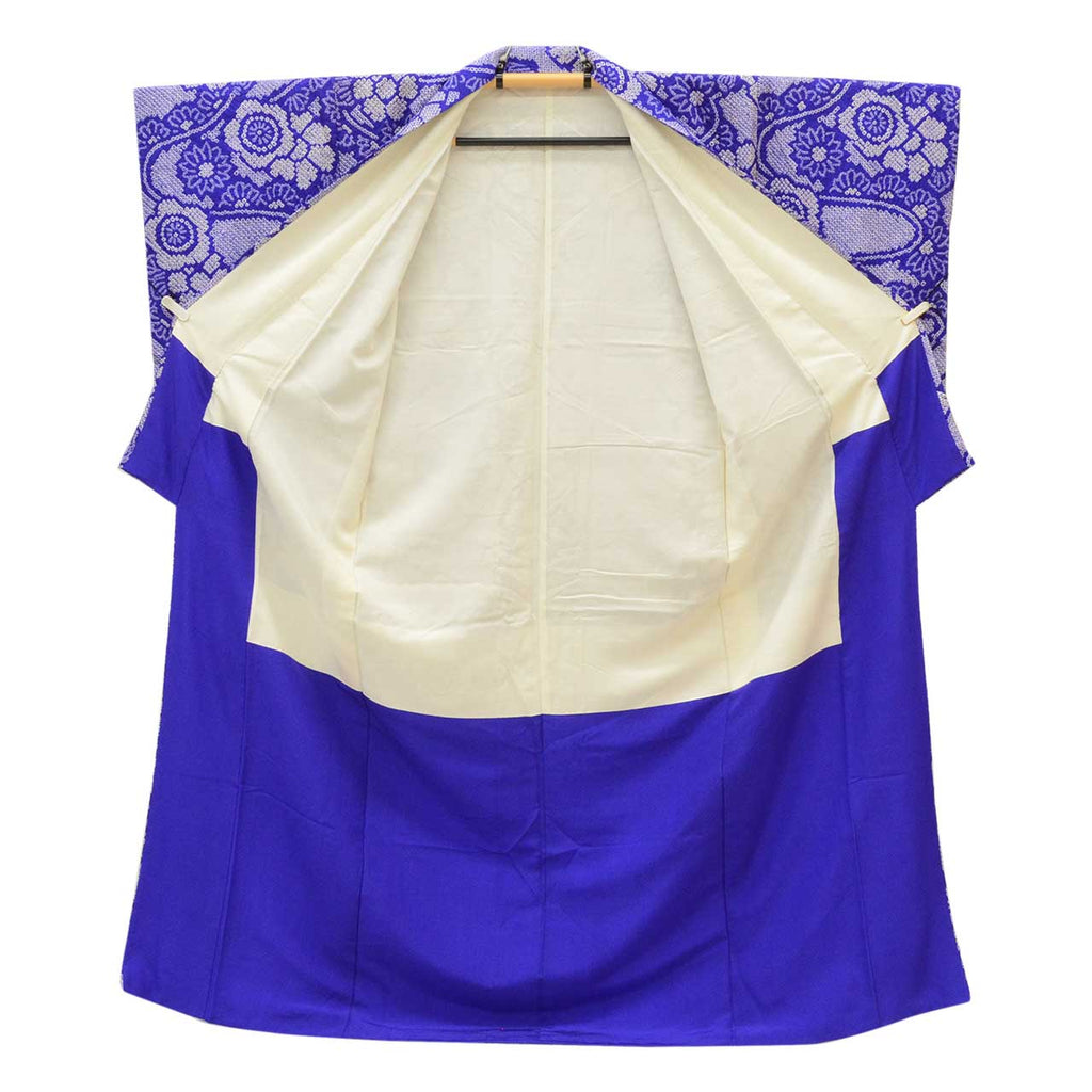 [Used] Recycled Kimono, Komon style, Pure Silk, Size L (Slightly Plus Size L), Good Condition, Length 162.5cm (64.0in), Sleeve Length 65.0cm (25.6in), Lined, Ready-made, Shibori (tie-dye) pattern, Purple, Floral design, uu1715b 