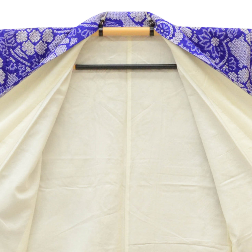 [Used] Recycled Kimono, Komon style, Pure Silk, Size L (Slightly Plus Size L), Good Condition, Length 162.5cm (64.0in), Sleeve Length 65.0cm (25.6in), Lined, Ready-made, Shibori (tie-dye) pattern, Purple, Floral design, uu1715b 