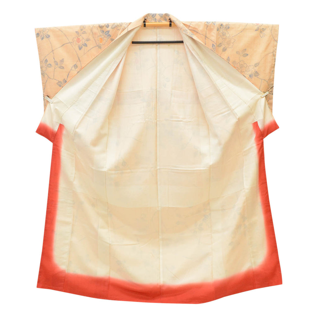 Vintage Japanese Kimono | Ojiya Tsumugi | Orange Silk | Camellia Pattern | Unused | Size M | Sustainable | uu1727b