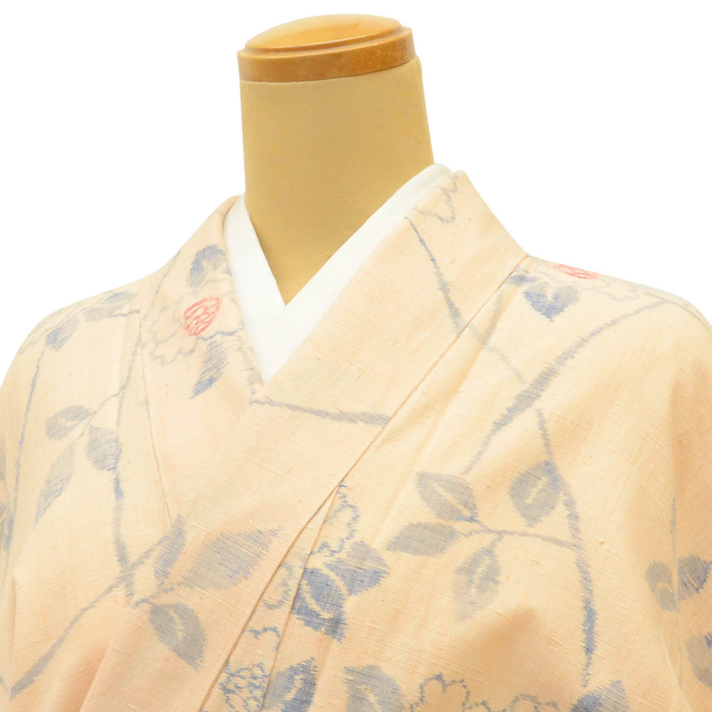 Vintage Japanese Kimono | Ojiya Tsumugi | Orange Silk | Camellia Pattern | Unused | Size M | Sustainable | uu1727b