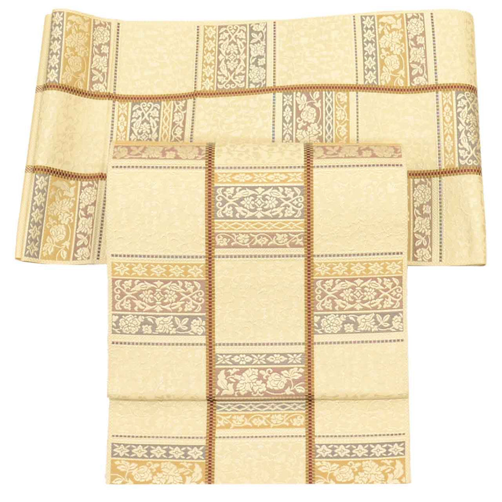 Vintage Japanese Obi | Nagoya Obi | Beige Silk | Floral Arabesque | Hakata-ori | Excellent | Sustainable | uu1736b