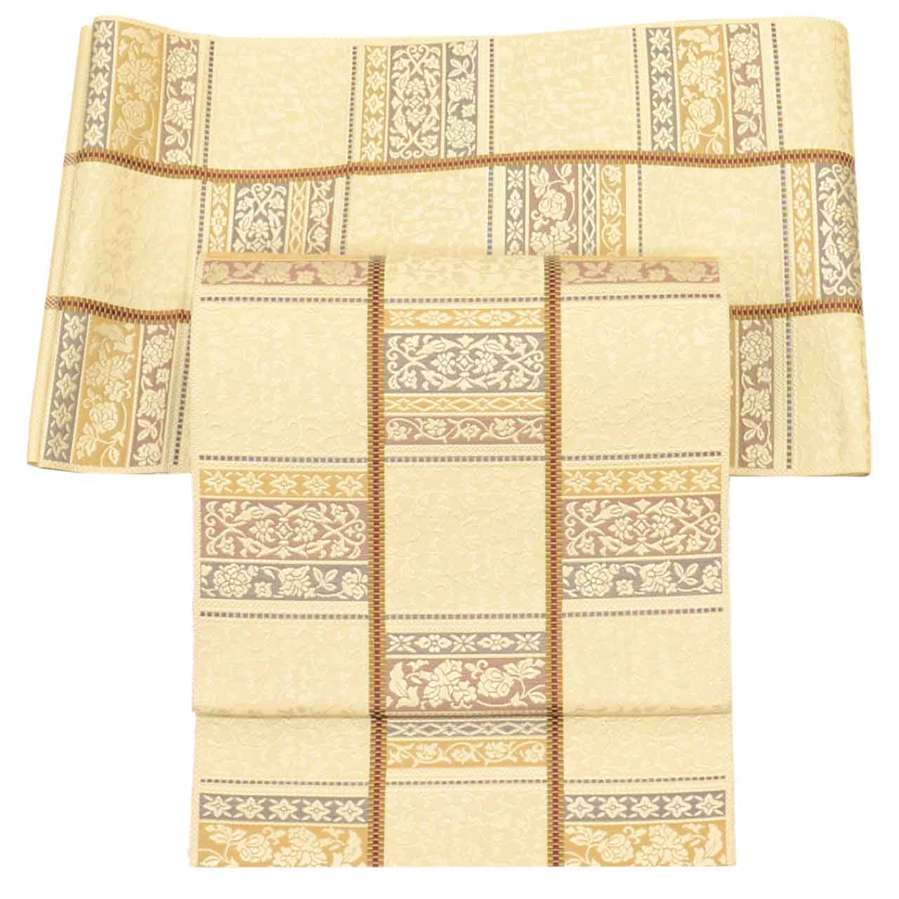 Vintage Japanese Obi | Nagoya Obi | Beige Silk | Floral Arabesque | Hakata-ori | Excellent | Sustainable | uu1736b