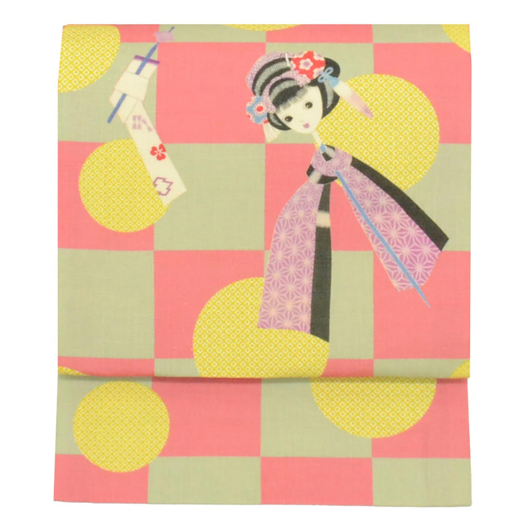 Vintage Japanese Obi | Nagoya Obi | Pink Green Linen | Kanzashi Doll Pattern | Casual | Sustainable | uu1738b