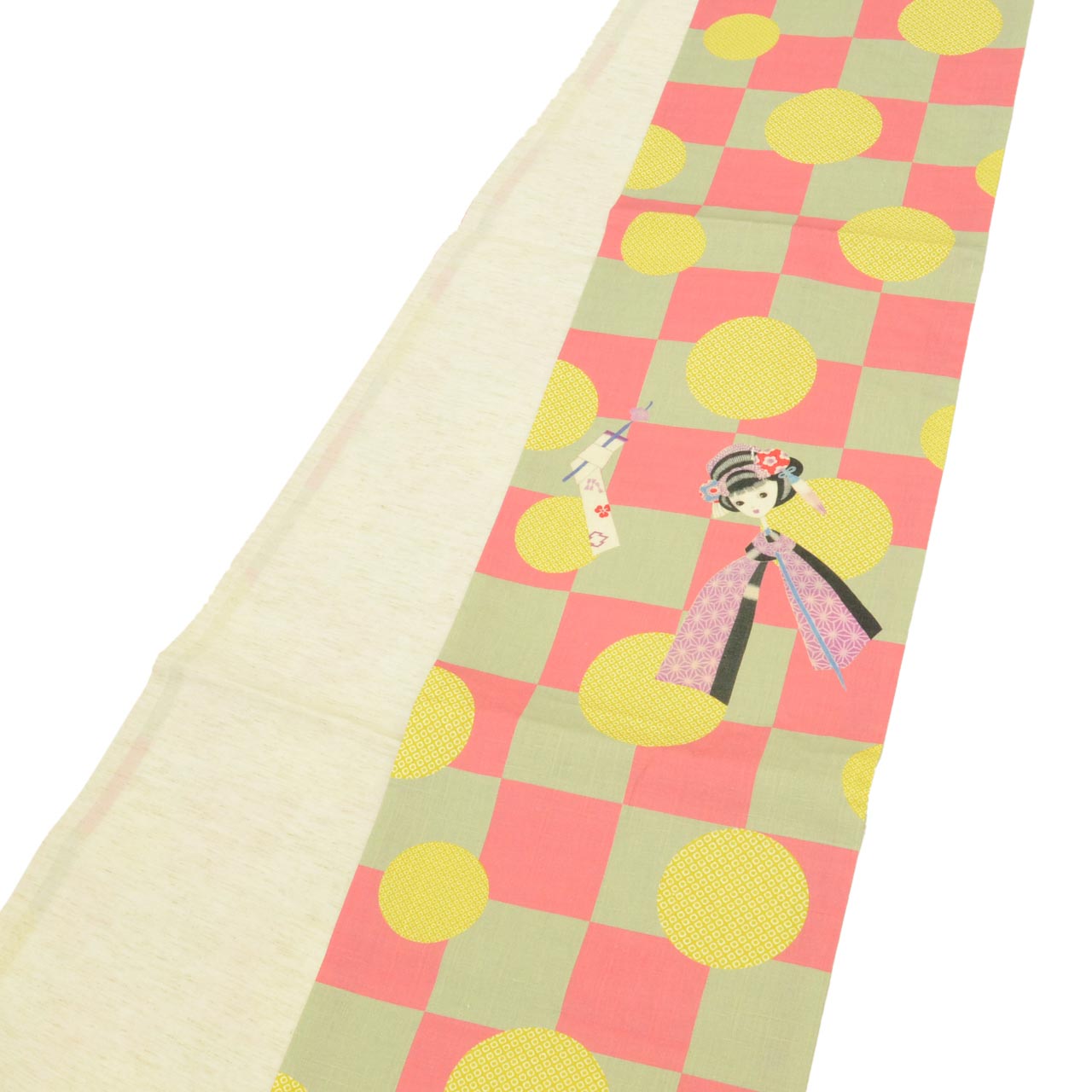 Vintage Japanese Obi | Nagoya Obi | Pink Green Linen | Kanzashi Doll Pattern | Casual | Sustainable | uu1738b