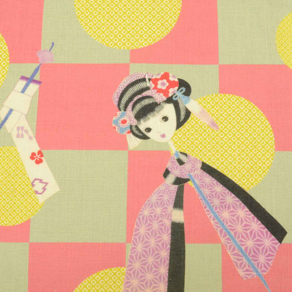 Vintage Japanese Obi | Nagoya Obi | Pink Green Linen | Kanzashi Doll Pattern | Casual | Sustainable | uu1738b