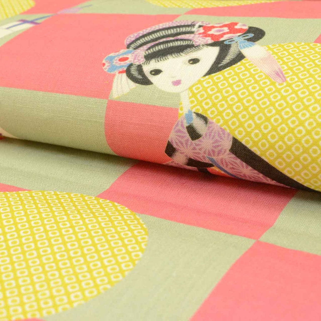 Vintage Japanese Obi | Nagoya Obi | Pink Green Linen | Kanzashi Doll Pattern | Casual | Sustainable | uu1738b