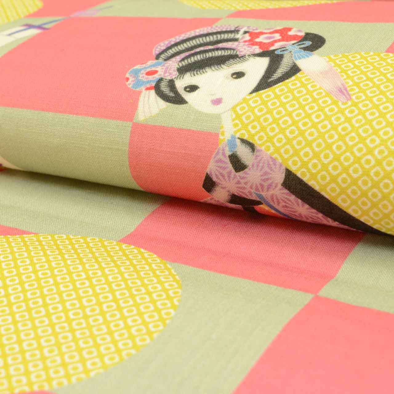 Vintage Japanese Obi | Nagoya Obi | Pink Green Linen | Kanzashi Doll Pattern | Casual | Sustainable | uu1738b