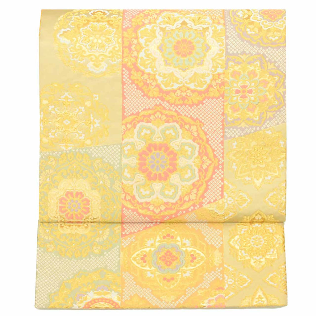 Vintage Japanese Obi | Fukuro Obi | Green Gold Silk | Floral | Kara-ori | Pearl-tone | Formal | Sustainable | uu1746b