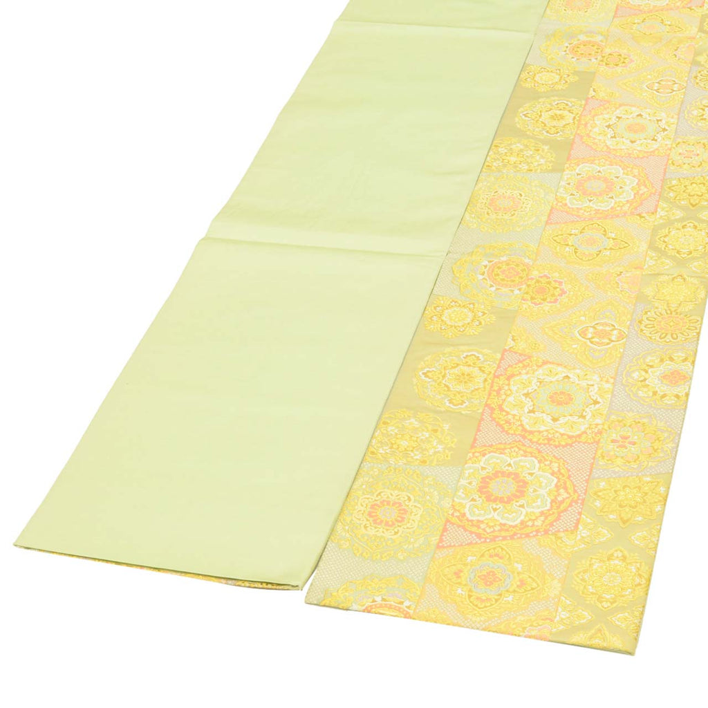 Vintage Japanese Obi | Fukuro Obi | Green Gold Silk | Floral | Kara-ori | Pearl-tone | Formal | Sustainable | uu1746b