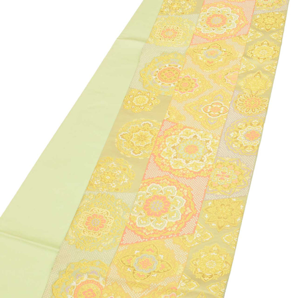 Vintage Japanese Obi | Fukuro Obi | Green Gold Silk | Floral | Kara-ori | Pearl-tone | Formal | Sustainable | uu1746b