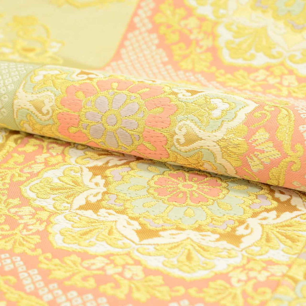 Vintage Japanese Obi | Fukuro Obi | Green Gold Silk | Floral | Kara-ori | Pearl-tone | Formal | Sustainable | uu1746b