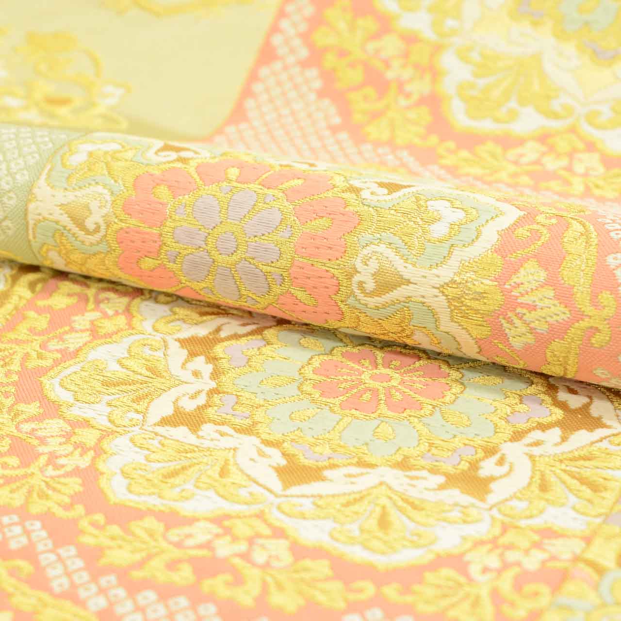 Vintage Japanese Obi | Fukuro Obi | Green Gold Silk | Floral | Kara-ori | Pearl-tone | Formal | Sustainable | uu1746b
