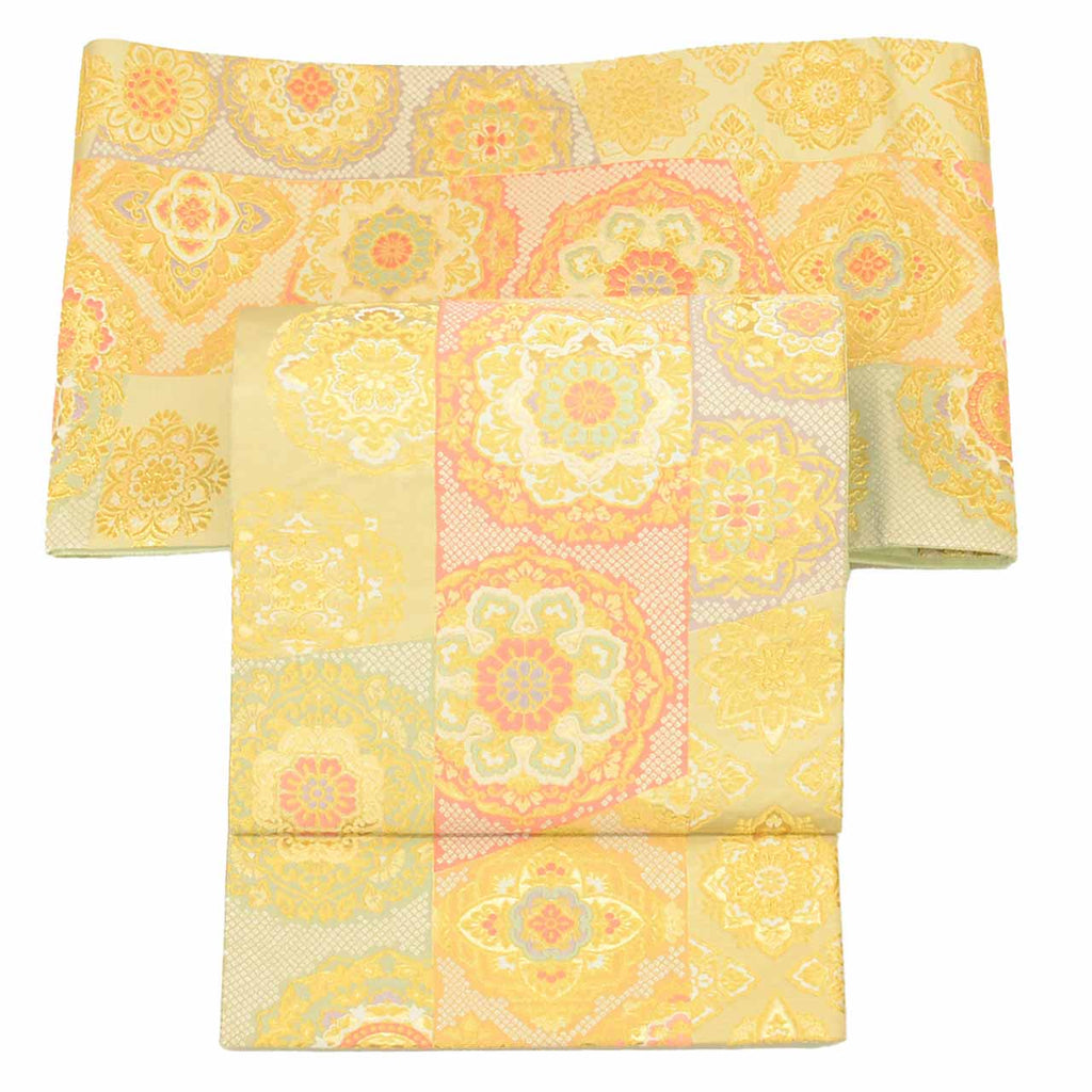 Vintage Japanese Obi | Fukuro Obi | Green Gold Silk | Floral | Kara-ori | Pearl-tone | Formal | Sustainable | uu1746b
