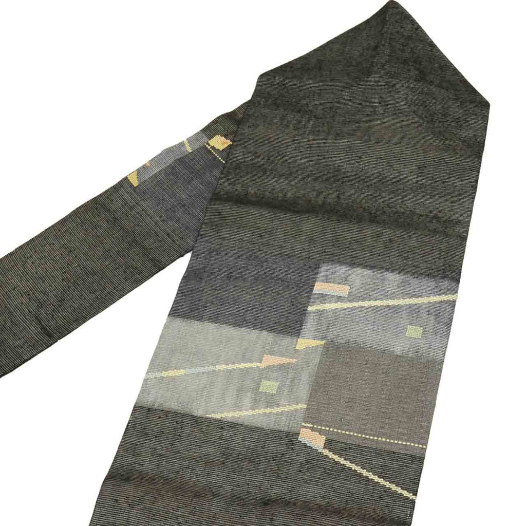 Vintage Japanese Obi | Nagoya Obi | Black Cotton Gauze | Geometric | Embroidery | Casual | Sustainable | Sustainable | uu1755b