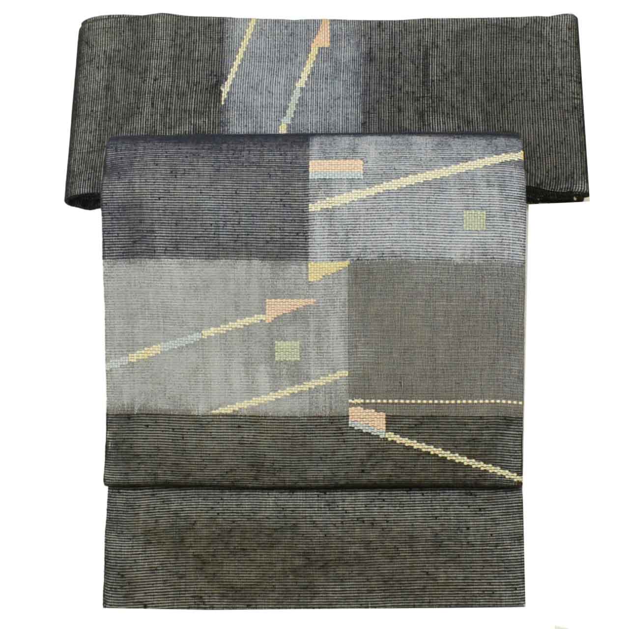 Vintage Japanese Obi | Nagoya Obi | Black Cotton Gauze | Geometric | Embroidery | Casual | Sustainable | Sustainable | uu1755b