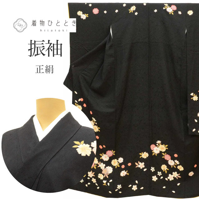 【中古】 リサイクル着物 振袖 振り袖 ヴィンテージ振袖 ビンテージ振袖 正絹 絹 SILK シルク Lサイズ 特品 身丈162.7cm裄丈65.7cm 袷 仕立て上がり 金駒刺繍 黒 花 リユース uu1763b