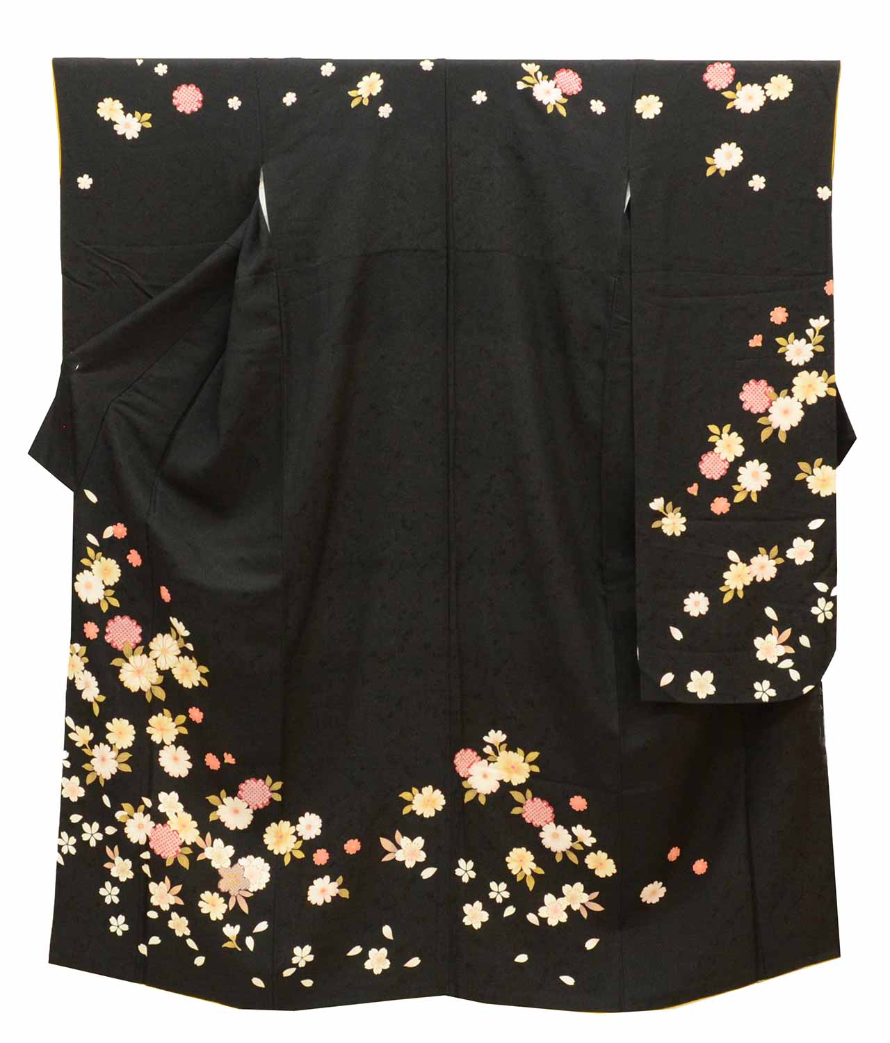 [Used] Recycled Kimono, Furisode (long-sleeved kimono), Vintage Furisode, Pure Silk, Size L, Excellent Condition, Length 162.7cm (64.1in), Sleeve Length 65.7cm (25.9in), Lined, Ready-made, Gold Embroidery, Black, Floral, Reused, uu1763b 