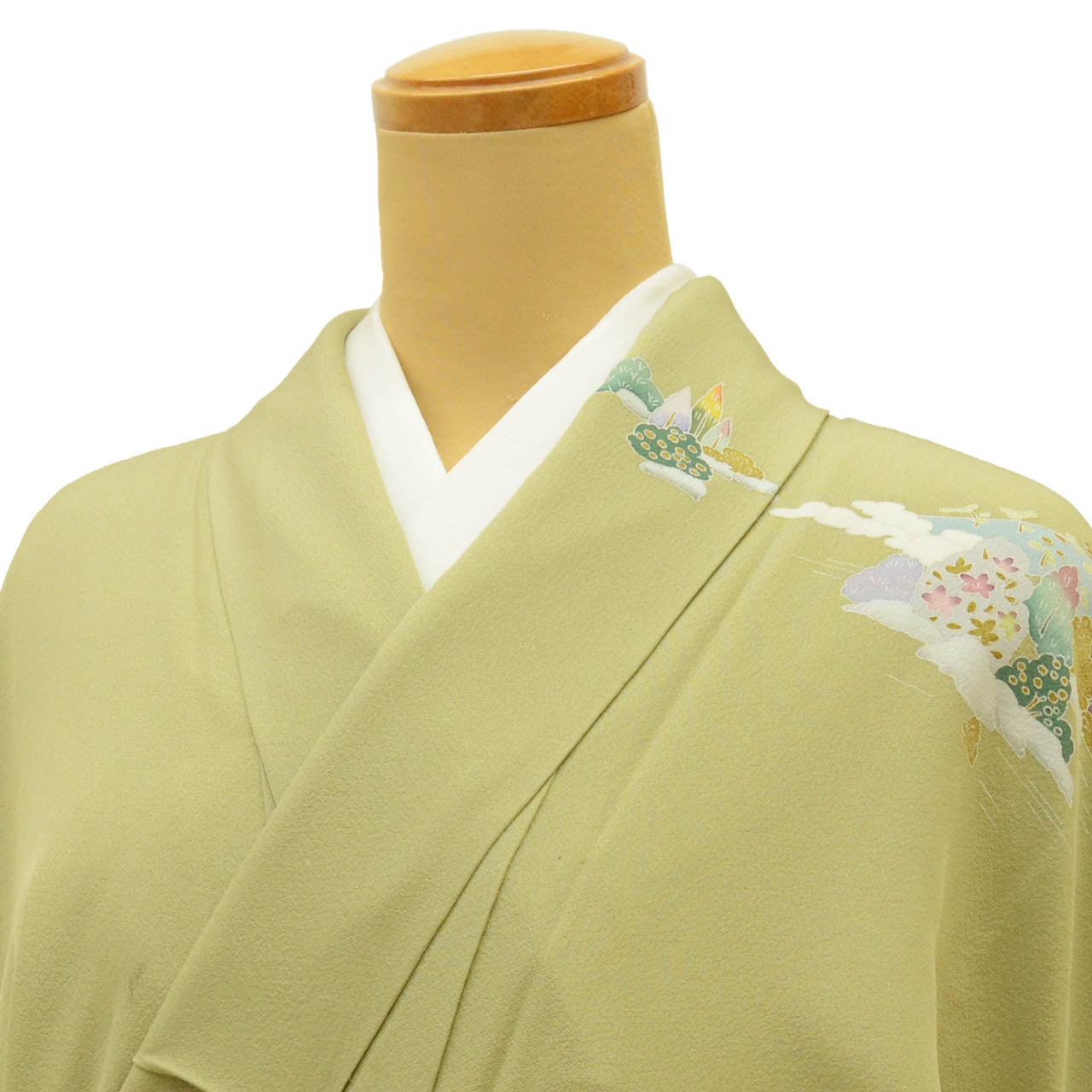 [Used] Recycled Kimono, Visiting Kimono, Pure Silk, Size M (Slightly Plus Size L), Excellent Condition, Length 160cm, Sleeve Length 63.3cm, Lined, Ready-made, Single Crest, Yuzen Dyeing, Artist's Signature, Green Landscape, Reused uu1765b 