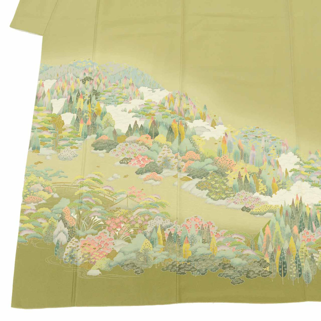 [Used] Recycled Kimono, Visiting Kimono, Pure Silk, Size M (Slightly Plus Size L), Excellent Condition, Length 160cm, Sleeve Length 63.3cm, Lined, Ready-made, Single Crest, Yuzen Dyeing, Artist's Signature, Green Landscape, Reused uu1765b 