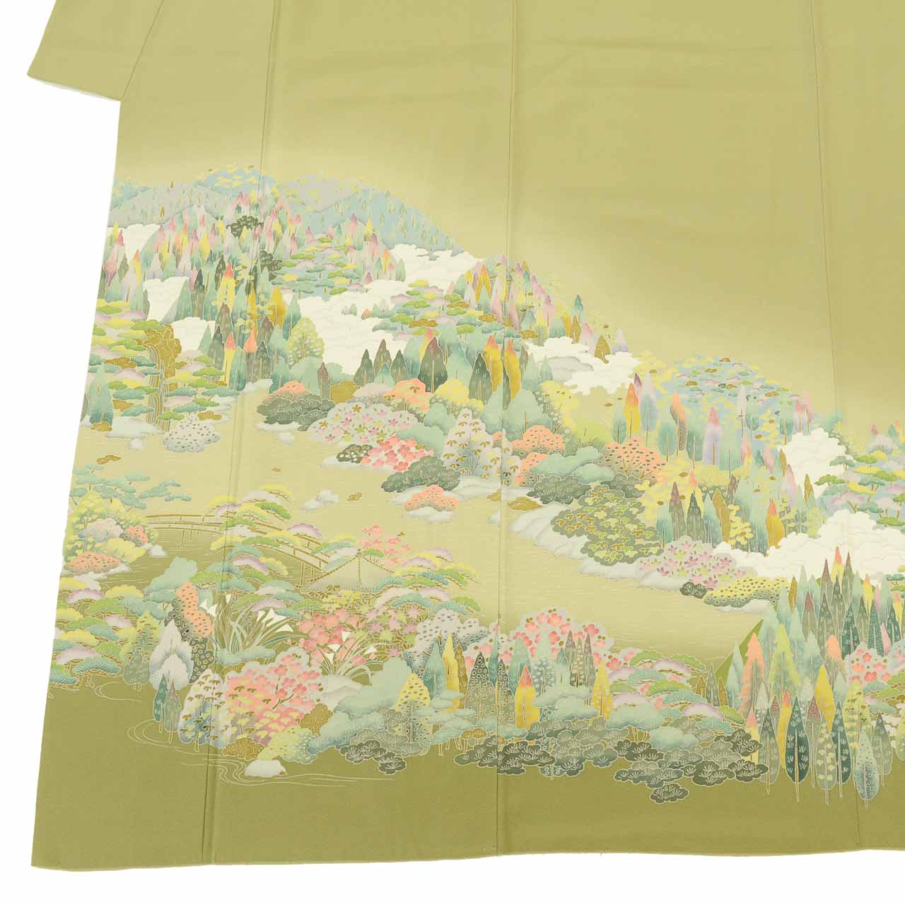[Used] Recycled Kimono, Visiting Kimono, Pure Silk, Size M (Slightly Plus Size L), Excellent Condition, Length 160cm, Sleeve Length 63.3cm, Lined, Ready-made, Single Crest, Yuzen Dyeing, Artist's Signature, Green Landscape, Reused uu1765b 