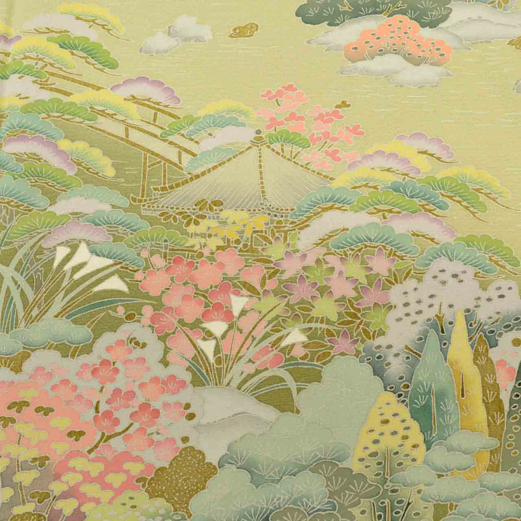 [Used] Recycled Kimono, Visiting Kimono, Pure Silk, Size M (Slightly Plus Size L), Excellent Condition, Length 160cm, Sleeve Length 63.3cm, Lined, Ready-made, Single Crest, Yuzen Dyeing, Artist's Signature, Green Landscape, Reused uu1765b 