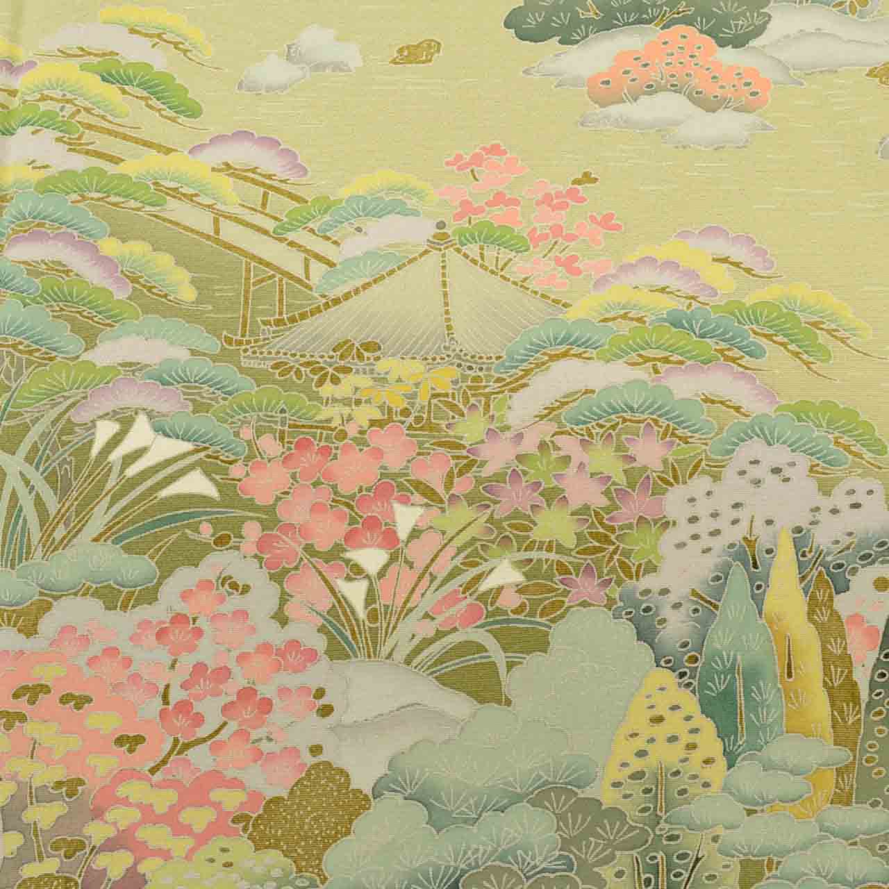 [Used] Recycled Kimono, Visiting Kimono, Pure Silk, Size M (Slightly Plus Size L), Excellent Condition, Length 160cm, Sleeve Length 63.3cm, Lined, Ready-made, Single Crest, Yuzen Dyeing, Artist's Signature, Green Landscape, Reused uu1765b 