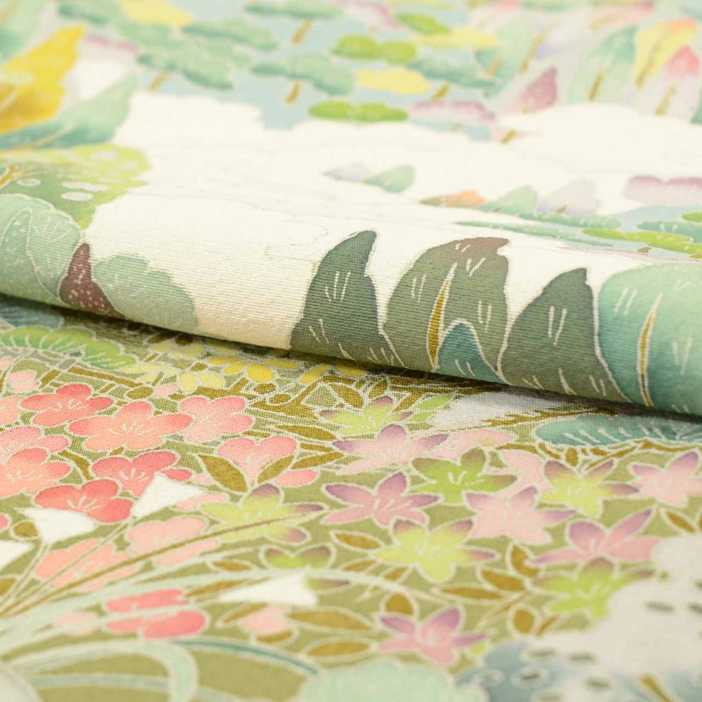 [Used] Recycled Kimono, Visiting Kimono, Pure Silk, Size M (Slightly Plus Size L), Excellent Condition, Length 160cm, Sleeve Length 63.3cm, Lined, Ready-made, Single Crest, Yuzen Dyeing, Artist's Signature, Green Landscape, Reused uu1765b 
