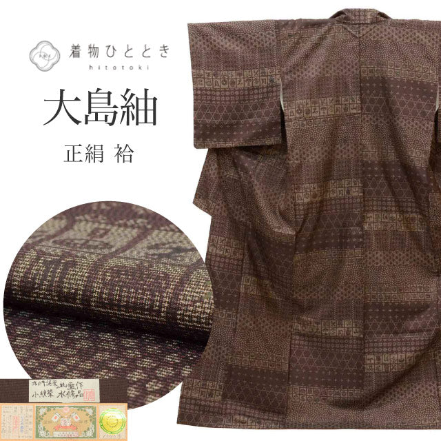 【中古】 本場縞大島紬 リサイクル着物 正絹 SILK Lサイズ 特品 身丈162.1cm 東京友禅作家 伊藤幽水監修 小紋染 裄丈64.7cm 袷 仕立て上がり 美品 証紙有り リユース uu1767b