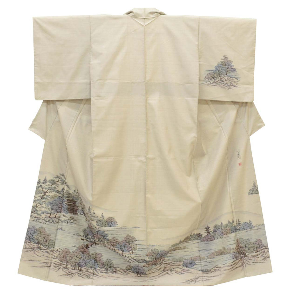Vintage Japanese Kimono | Oshima Tsumugi | Gray Silk | Kinkakuji Golden Pavilion | Over-dyed | Artist Signed | Sustainable | uu1769b