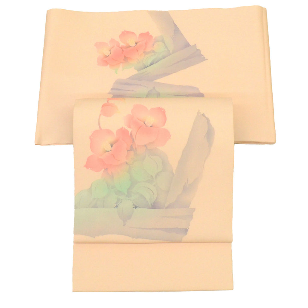 Vintage Japanese Obi | Nagoya Obi | Pink Silk Habutae | Floral | Dye-painted | Artist Signed | Semi-formal | Sustainable | uu1775b