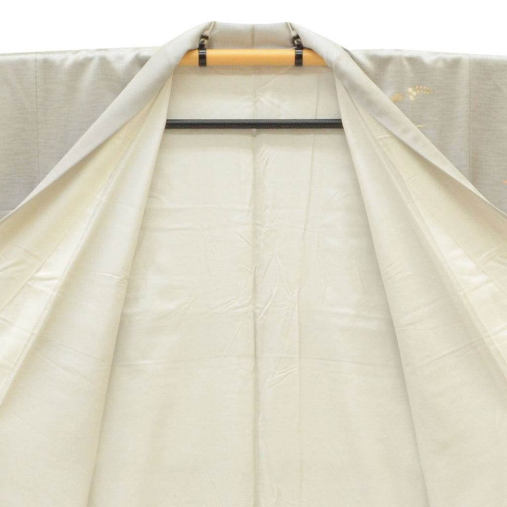 [Used] Recycled Kimono, Visiting Kimono, Pure Silk, Gray, Fan and Four Seasons Flower Pattern, Yuzen Dyeing, Gold Embroidery, Lined, Size M (Slightly Plus Size L), Length 160.2cm, Sleeve Length 63.5cm, Good Condition, Ready-made, Kimono Hitotoki uu1777b 