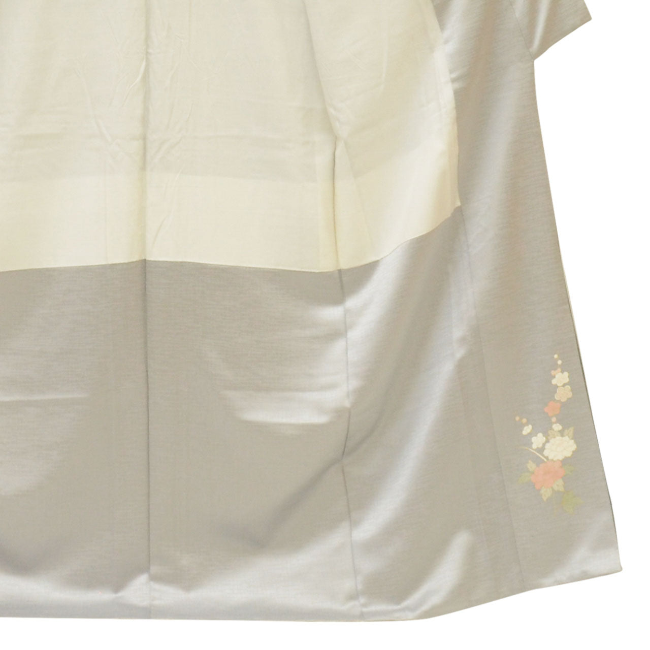 [Used] Recycled Kimono, Visiting Kimono, Pure Silk, Gray, Fan and Four Seasons Flower Pattern, Yuzen Dyeing, Gold Embroidery, Lined, Size M (Slightly Plus Size L), Length 160.2cm, Sleeve Length 63.5cm, Good Condition, Ready-made, Kimono Hitotoki uu1777b 