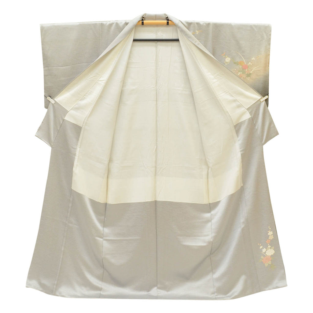 [Used] Recycled Kimono, Visiting Kimono, Pure Silk, Gray, Fan and Four Seasons Flower Pattern, Yuzen Dyeing, Gold Embroidery, Lined, Size M (Slightly Plus Size L), Length 160.2cm, Sleeve Length 63.5cm, Good Condition, Ready-made, Kimono Hitotoki uu1777b 