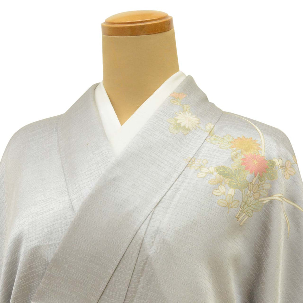 [Used] Recycled Kimono, Visiting Kimono, Pure Silk, Gray, Fan and Four Seasons Flower Pattern, Yuzen Dyeing, Gold Embroidery, Lined, Size M (Slightly Plus Size L), Length 160.2cm, Sleeve Length 63.5cm, Good Condition, Ready-made, Kimono Hitotoki uu1777b 