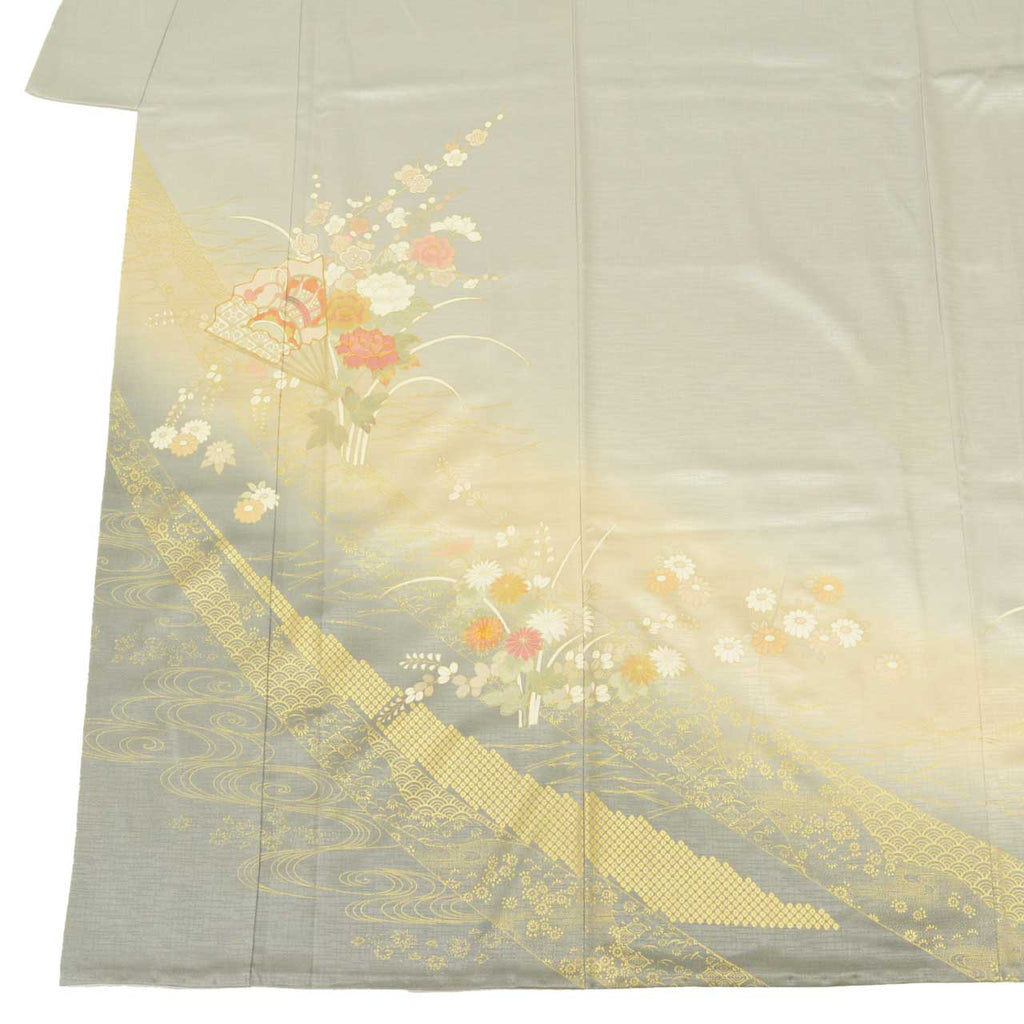 [Used] Recycled Kimono, Visiting Kimono, Pure Silk, Gray, Fan and Four Seasons Flower Pattern, Yuzen Dyeing, Gold Embroidery, Lined, Size M (Slightly Plus Size L), Length 160.2cm, Sleeve Length 63.5cm, Good Condition, Ready-made, Kimono Hitotoki uu1777b 