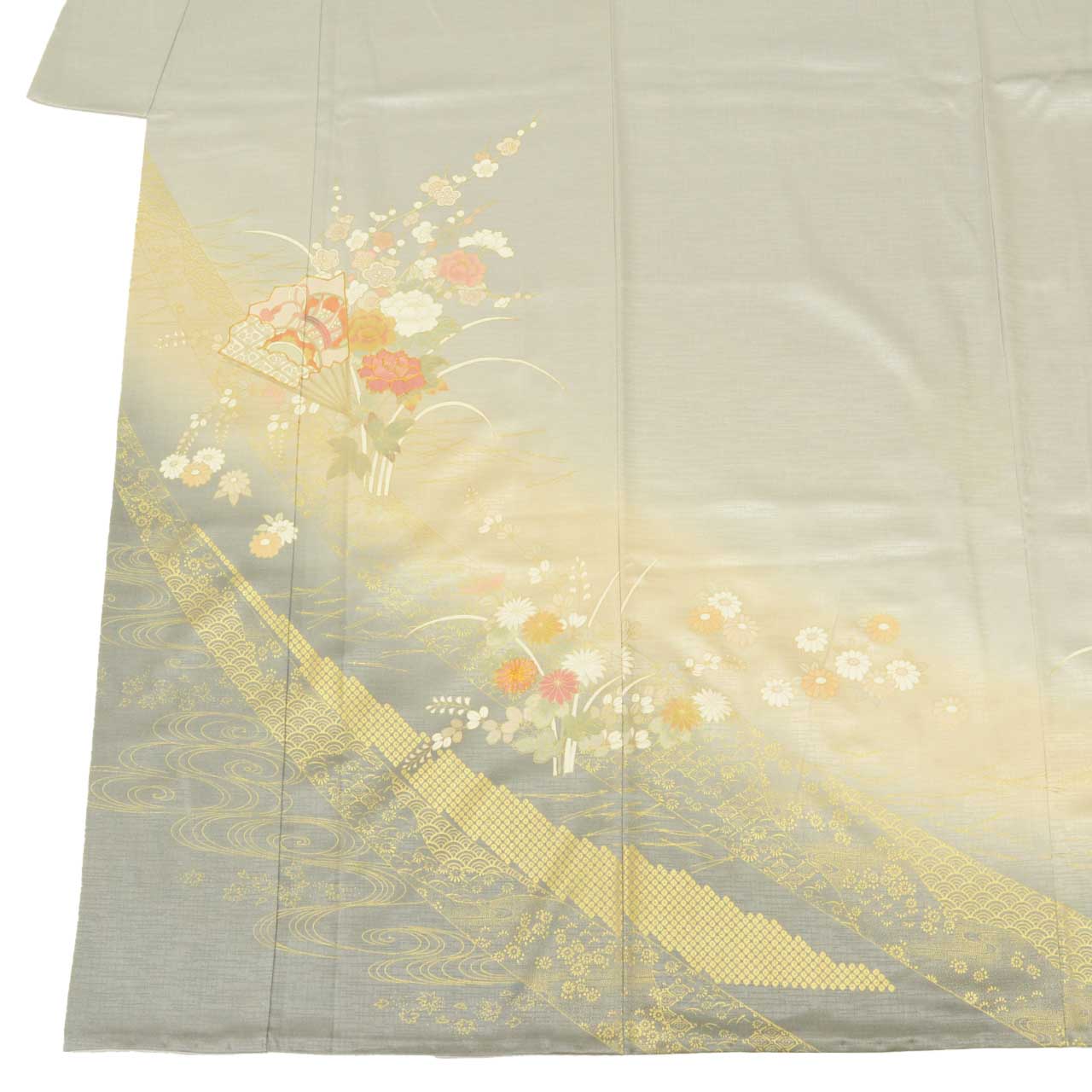 [Used] Recycled Kimono, Visiting Kimono, Pure Silk, Gray, Fan and Four Seasons Flower Pattern, Yuzen Dyeing, Gold Embroidery, Lined, Size M (Slightly Plus Size L), Length 160.2cm, Sleeve Length 63.5cm, Good Condition, Ready-made, Kimono Hitotoki uu1777b 