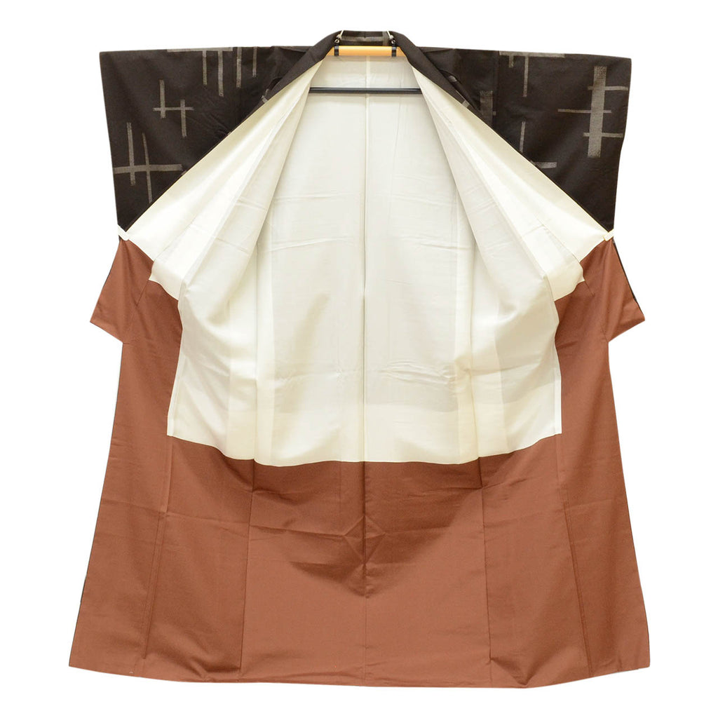 Vintage Japanese Kimono | Tsumugi | Brown Silk | Geometric Pattern | Size L | Sustainable | uu1780b