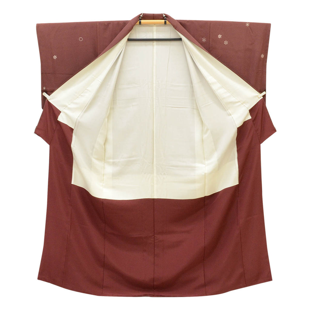 [Used] Recycled Kimono, Komon style, Pure Silk, Size M, Good Condition, Length 158.3cm (62.3in), Sleeve Length 64.3cm (25.3in), Lined, Ready-made, Brown with Snowflake Pattern, Reused uu1789b 