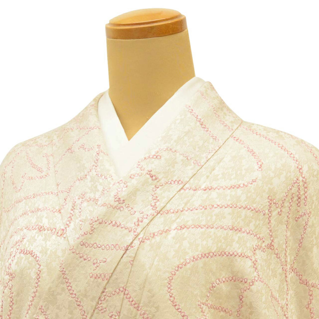[Used] Recycled Kimono, Komon style, Pure Silk, Size M, Good Condition, Length 159.5cm (62.8in), Sleeve Length 65.5cm (25.8in), Lined, Ready-made, Shibori (tie-dye) pattern, White, Floral, Reused, uu1795b 