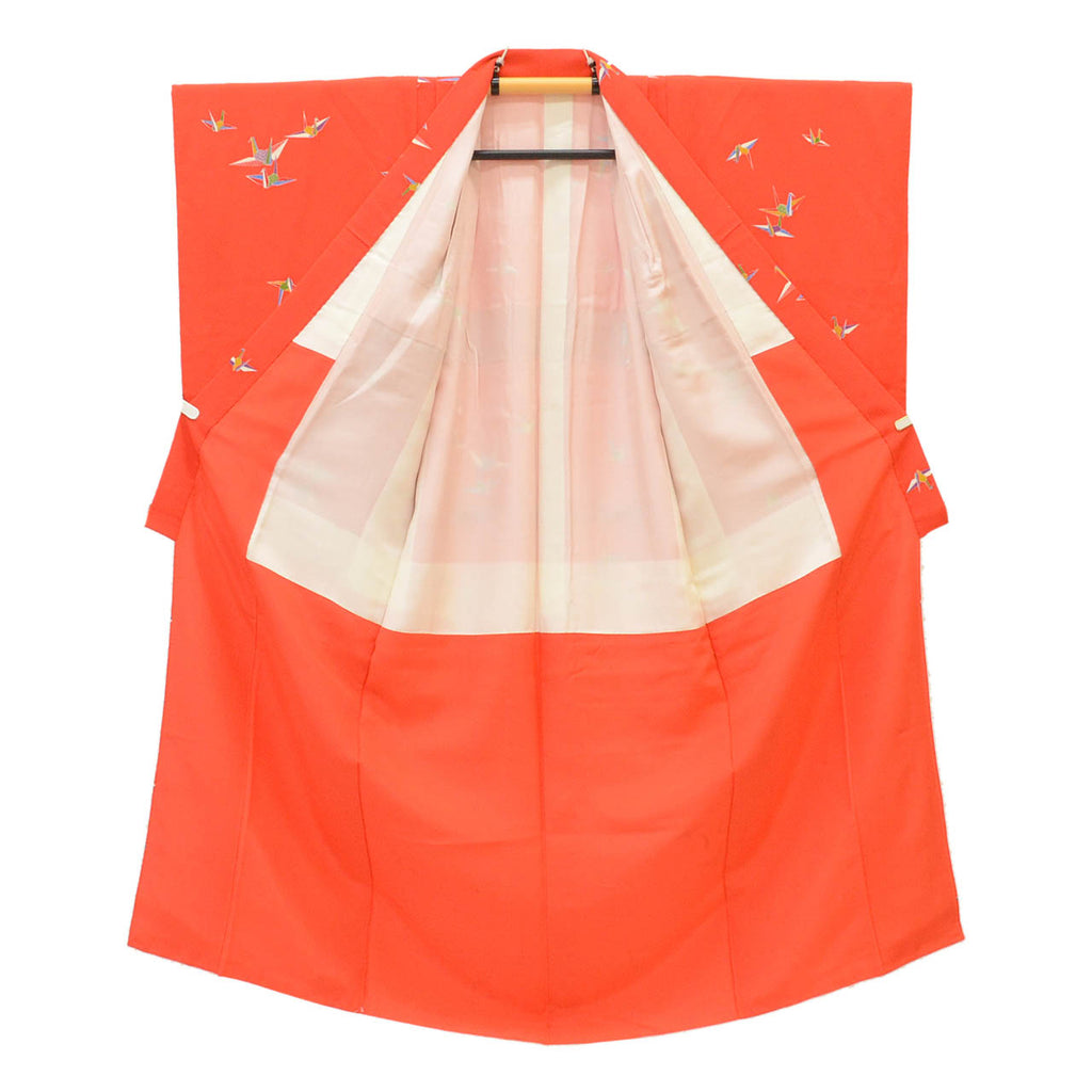 [Used] Recycled Kimono, Girls' Kimono, Single Item, Pure Silk, Ready-made, Sleeve Length 51.0cm (20.1in), Body Length 136.5cm (53.7in), Red, Crane Pattern, uu1796b 