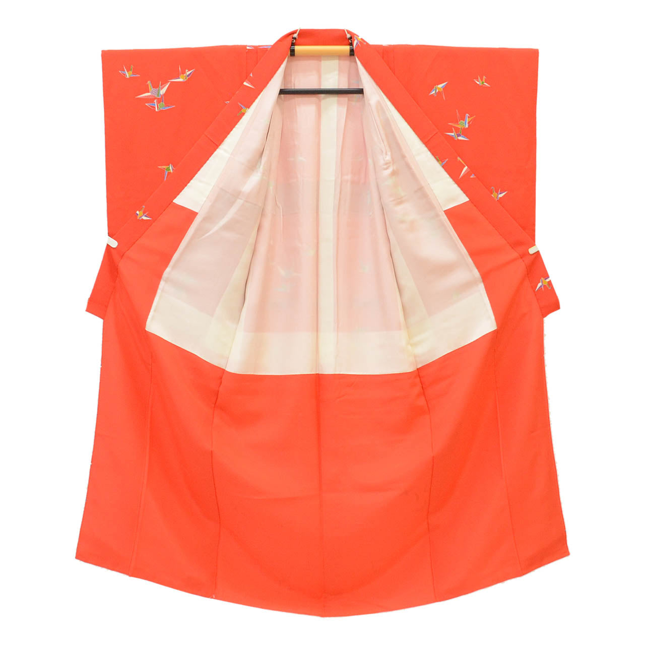 [Used] Recycled Kimono, Girls' Kimono, Single Item, Pure Silk, Ready-made, Sleeve Length 51.0cm (20.1in), Body Length 136.5cm (53.7in), Red, Crane Pattern, uu1796b 