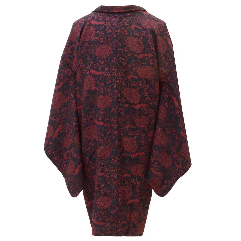 [Used] Long Haori (short jacket), pure silk, recycled haori, sleeve length 63.0cm (24.8in), body length 9.0cm (3.5in), navy blue, floral arabesque pattern, antique style, with haori cord uu1820b 